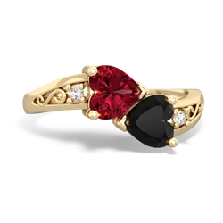 Lab Ruby Snuggling Hearts 14K Yellow Gold ring R2178