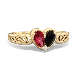 Lab Ruby Filligree 'One Heart' 14K Yellow Gold ring R5070