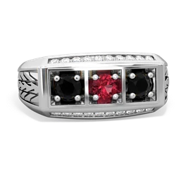 Lab Ruby Three Stone Tire Tread Men's 14K White Gold ring R0520