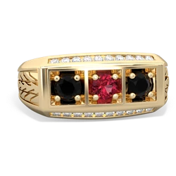 Lab Ruby Three Stone Tire Tread Men's 14K Yellow Gold ring R0520