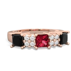 Lab Ruby Three Stone Diamond Cluster 14K Rose Gold ring R2592