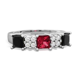 Lab Ruby Three Stone Diamond Cluster 14K White Gold ring R2592