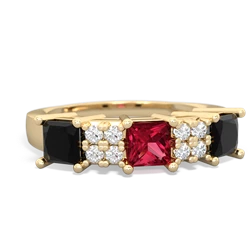 Lab Ruby Three Stone Diamond Cluster 14K Yellow Gold ring R2592