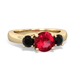 Lab Ruby Three Stone Round Trellis 14K Yellow Gold ring R4018