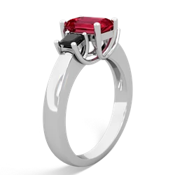 Lab Ruby Three Stone Emerald-Cut Trellis 14K White Gold ring R4021