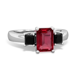 Lab Ruby Three Stone Emerald-Cut Trellis 14K White Gold ring R4021