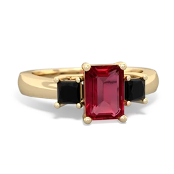 Lab Ruby Three Stone Emerald-Cut Trellis 14K Yellow Gold ring R4021