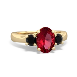 Lab Ruby Three Stone Oval Trellis 14K Yellow Gold ring R4024