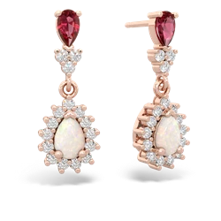 Lab Ruby Halo Pear Dangle 14K Rose Gold earrings E1882