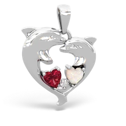 Lab Ruby Dolphin Heart 14K White Gold pendant P5820