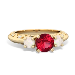 Lab Ruby Art Deco Eternal Embrace Engagement 14K Yellow Gold ring C2003