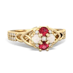 Lab Ruby Celtic Knot Cluster Engagement 14K Yellow Gold ring R26443RD