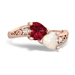 Lab Ruby Snuggling Hearts 14K Rose Gold ring R2178