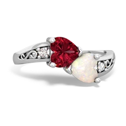 Lab Ruby Snuggling Hearts 14K White Gold ring R2178