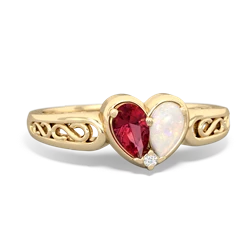 Lab Ruby Filligree 'One Heart' 14K Yellow Gold ring R5070