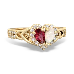 Lab Ruby Celtic Knot Two Hearts As One 14K Yellow Gold ring R2644HRT