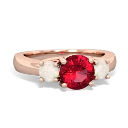 Lab Ruby Three Stone Round Trellis 14K Rose Gold ring R4018