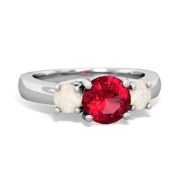 Lab Ruby Three Stone Round Trellis 14K White Gold ring R4018