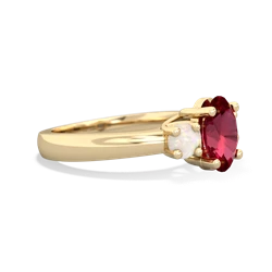 Lab Ruby Three Stone Oval Trellis 14K Yellow Gold ring R4024