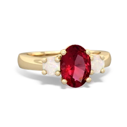 Lab Ruby Three Stone Oval Trellis 14K Yellow Gold ring R4024