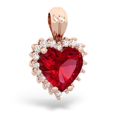 Lab Ruby Sparkling Halo Heart 14K Rose Gold pendant P0391