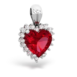 Lab Ruby Sparkling Halo Heart 14K White Gold pendant P0391