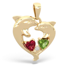 Lab Ruby Dolphin Heart 14K Yellow Gold pendant P5820