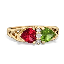 Lab Ruby Celtic Knot Double Heart 14K Yellow Gold ring R5040