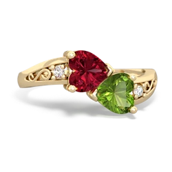 Lab Ruby Snuggling Hearts 14K Yellow Gold ring R2178