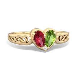 Lab Ruby Filligree 'One Heart' 14K Yellow Gold ring R5070