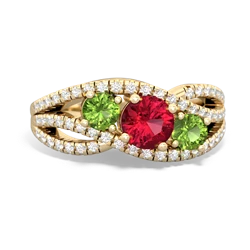 Lab Ruby Three Stone Aurora 14K Yellow Gold ring R3080