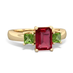 Lab Ruby Three Stone Emerald-Cut Trellis 14K Yellow Gold ring R4021