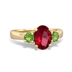 Lab Ruby Three Stone Oval Trellis 14K Yellow Gold ring R4024