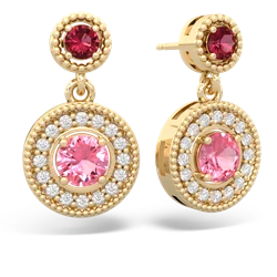 Lab Ruby Halo Dangle 14K Yellow Gold earrings E5319
