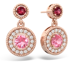 Lab Ruby Halo Dangle 14K Rose Gold earrings E5319