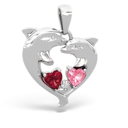 Lab Ruby Dolphin Heart 14K White Gold pendant P5820