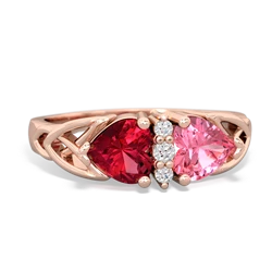 Lab Ruby Celtic Knot Double Heart 14K Rose Gold ring R5040