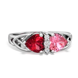 Lab Ruby Celtic Knot Double Heart 14K White Gold ring R5040