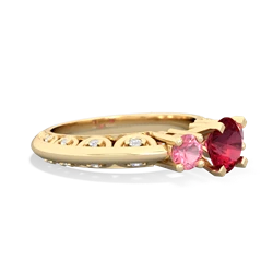 Lab Ruby Art Deco Eternal Embrace Engagement 14K Yellow Gold ring C2003