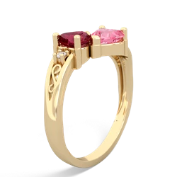 Lab Ruby Snuggling Hearts 14K Yellow Gold ring R2178