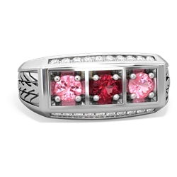 Lab Ruby Three Stone Tire Tread Men's 14K White Gold ring R0520