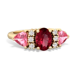 Lab Ruby Antique Style Three Stone 14K Yellow Gold ring R2186