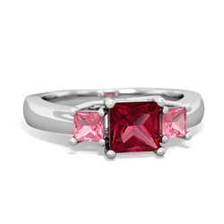 Lab Ruby Three Stone Trellis 14K White Gold ring R4015