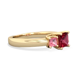 Lab Ruby Three Stone Trellis 14K Yellow Gold ring R4015