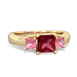 Lab Ruby Three Stone Trellis 14K Yellow Gold ring R4015