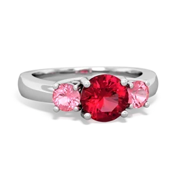 Lab Ruby Three Stone Round Trellis 14K White Gold ring R4018