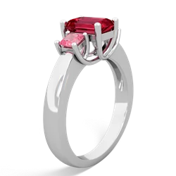 Lab Ruby Three Stone Emerald-Cut Trellis 14K White Gold ring R4021