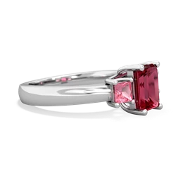 Lab Ruby Three Stone Emerald-Cut Trellis 14K White Gold ring R4021