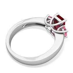 Lab Ruby Three Stone Emerald-Cut Trellis 14K White Gold ring R4021