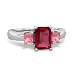 Lab Ruby Three Stone Emerald-Cut Trellis 14K White Gold ring R4021